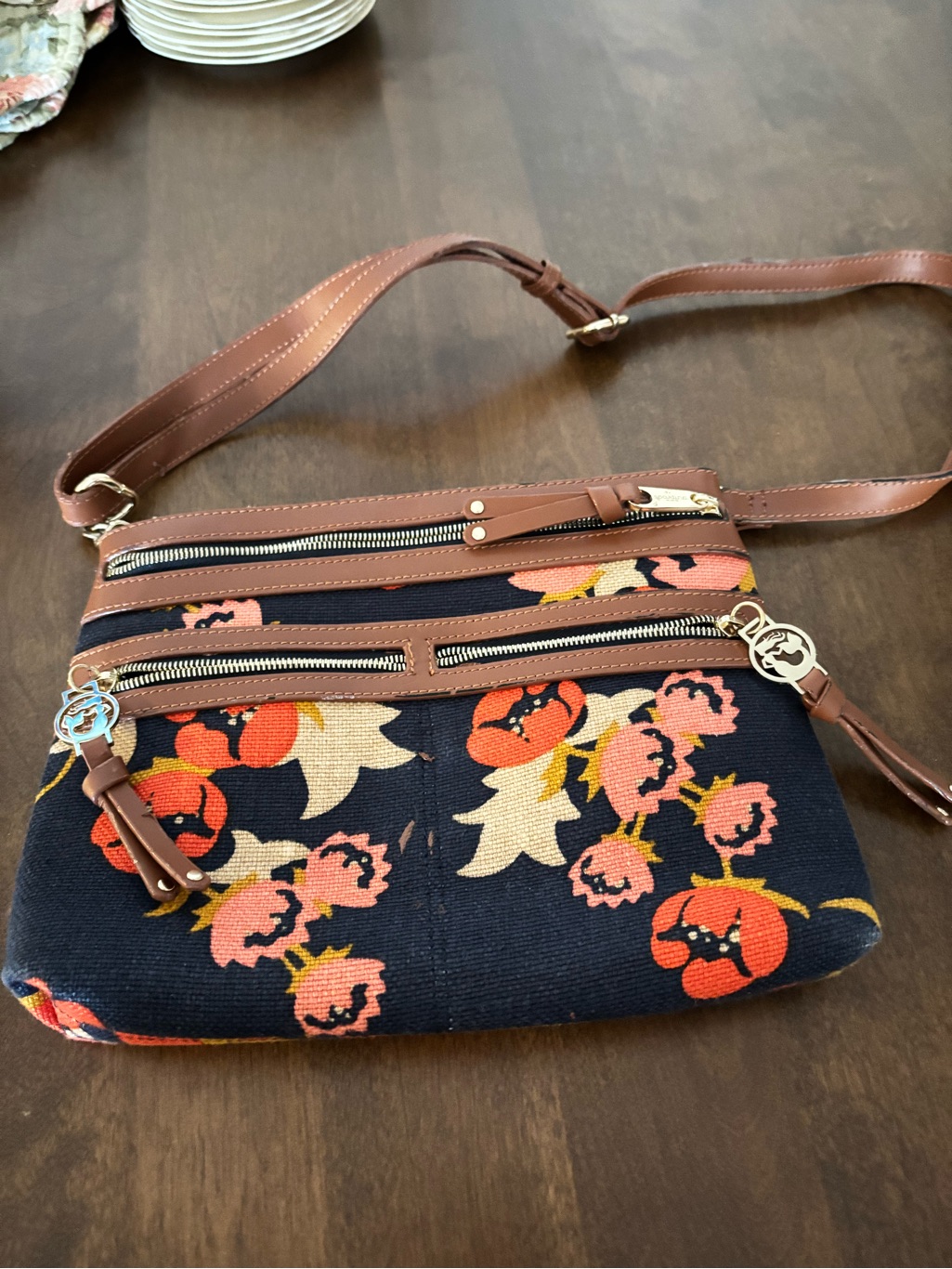Spartina 449 Crossbody Floral Canvas Bag In Navy With Bright Floral Accents